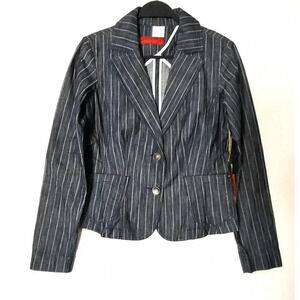 Level 99 Women's Pinstripe Blazer Jacket Blue White Cotton Button Front Size L